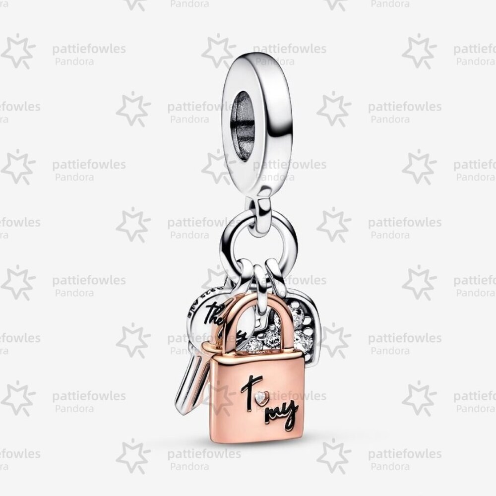 Pandora Two-tone Key, Padlock & Heart Triple Dangle Charm|Two-tone